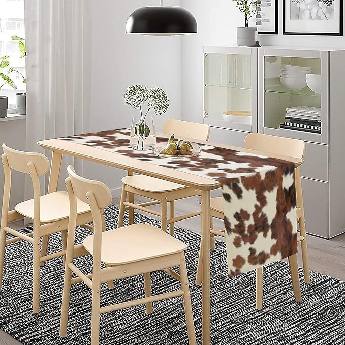 Cow Skin Print Table Runner, Cotton Linen Rustic Cottage Country Farm Animal Fur Skin Pattern Western Style Brown Cowhide Print Dinner Runner for Home Kitchen Dining Table Decoration 13x60 in