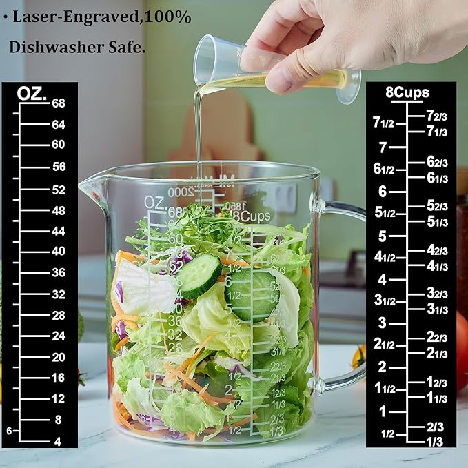 Ackers BORO3.3 Borosilicate Glass Measuring Cup with Insulated Handle, V-Shaped Spout, Clear, 2000ml/64oz Capacity, Etched Graduation, Easy to Read
