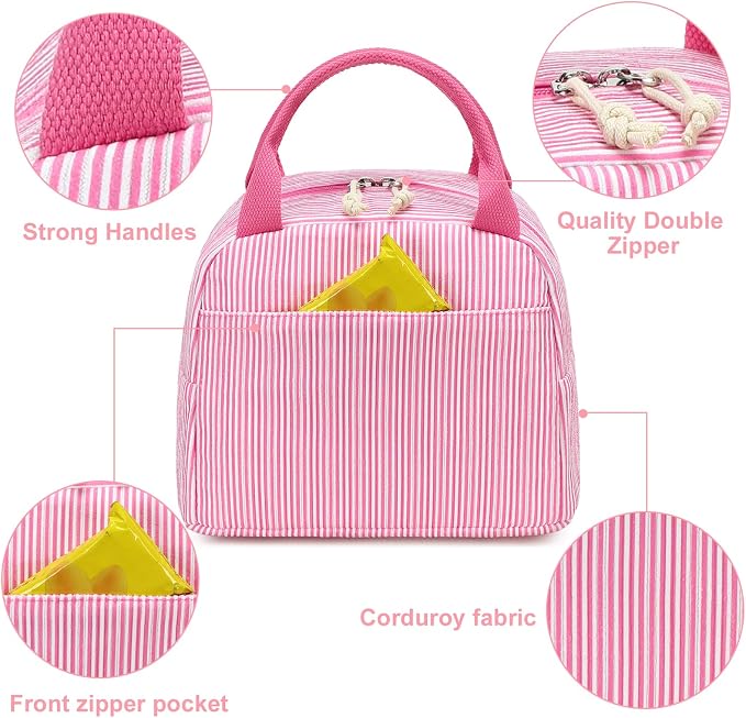 LEDAOU Lunch Box for Women Insulated Lunch Bag Corduroy Lunch Tote Bags Leakproof Cooler Lunch Case for Travel Work Picnic (K-Stripes-Pink)