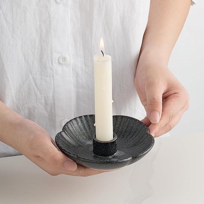 Ceramic Candle Holder, Candlestick Holder for Candles,Incense, Santo Palo, Rustic Vintage Home Decor for Halloween Christmas Weddings, Dining Room Table & Living Room Display (Black)
