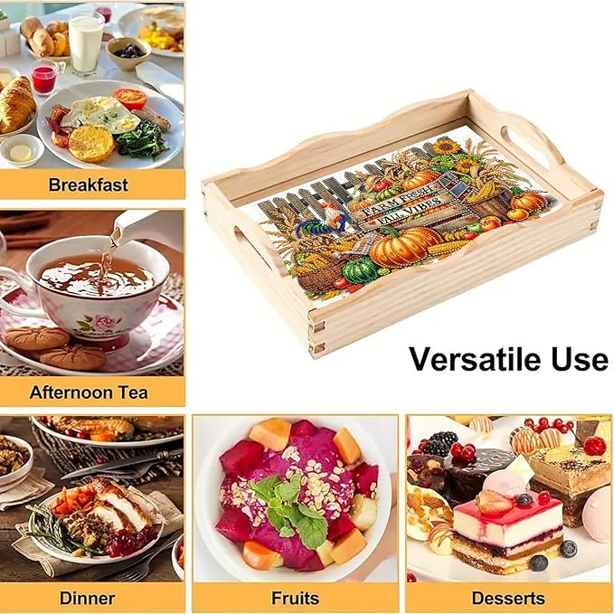DIY Diamond Serving Tray with Handle Handmade Gem Painting Wooden Rectangular Breakfast Tray for Dinner Plate Coffee Room Living Home Organizer-Autumn Harvest