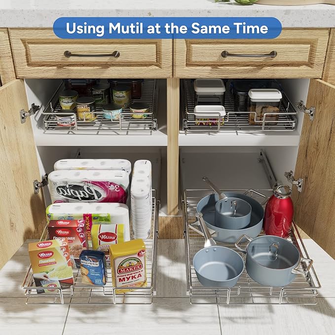 ROOMTEC Pull Out Cabinet Organizer, 27" W x 21.5" D, Heavy Duty Slide Out Kitchen Cabinet Organizers, Neutral