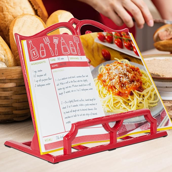 JOGREFUL Cookbook Stand, Cast Iron Heavy-Duty Recipe Book Holder, Kitchen Vintage Recipe Book Holder, Reading Rest Holder for Easel/Counter/Books/Magazine/iPad/Bible, Love Heart Pattern, Red