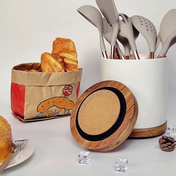 White Large Capacity Ceramic Utensils Holders Acacia wood rotatable base kitchen utensil crocks Countertop Multi-Purpose Organizer