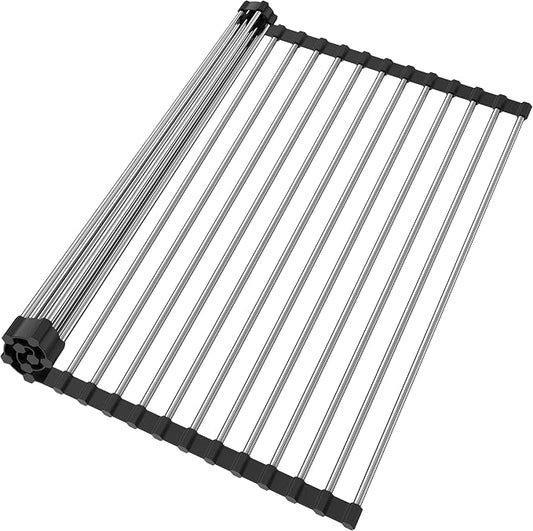Roll Up Dish Drying Rack for Over Sink - 17.5"x15.7" Foldable Stainless Steel Kitchen Drainer, Black