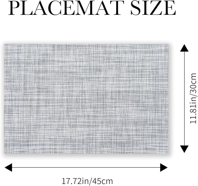 BACKTOEDEN Placemats Set of 8 Heat Resistant Washable Wipeable Placemat Woven Non-Slip Foldable Vinyl/Plastic Place Mats Indoor/Outdoor Mat Kitchen Dining Table Pad, Gray
