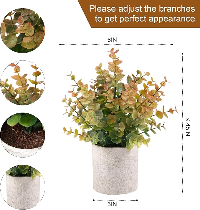 Coferset 2 Pack Small Fake Plants Eucalyptus Potted Artificial Plants for Shelf Desk Home Bathroom Farmhouse Room Coffee Table Decor Fall Decor (Yellow)