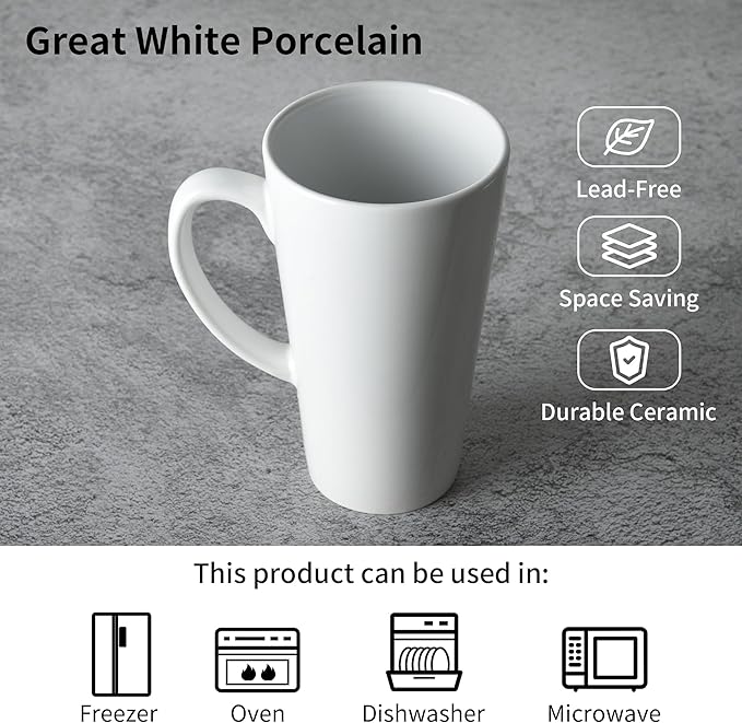 BYCNZB 16oz White Funnel Ceramic Tall Coffee Mugs for Coffee, Tea, Cocoa, Latte, Milk set of 4