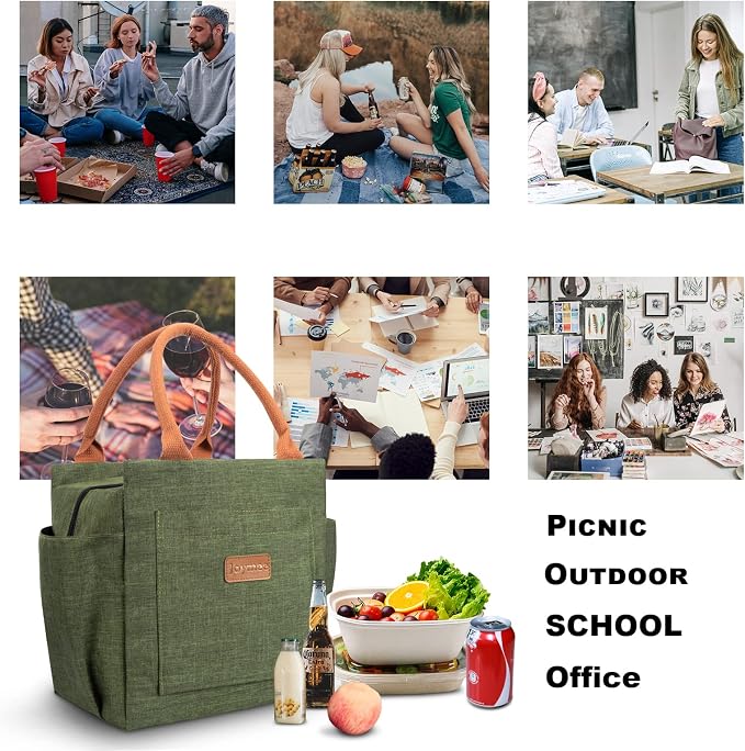 Joymee Lunch Box for Women Reusable Leakproof Insulated Lunch Bag-Green | Large Capacity, Bottle Holder & Side Pockets, Leakproof Insulated Design, for Work, Travel, Picnic & Daily Use, for Adult
