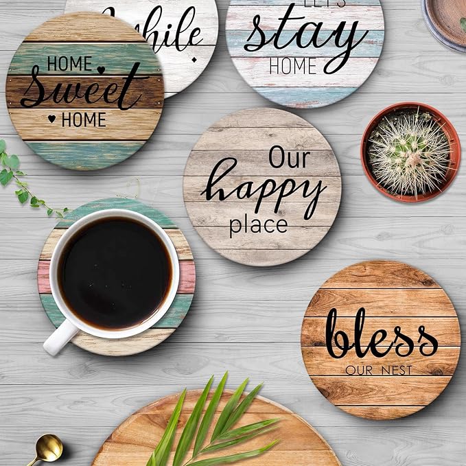 Britimes Coaster for Drinks Set of 6, Wooden Planks Wood Paint Table Absorbent Round Ceramic Stone Mat, with Cork Base and Metal Holder, Gift for Housewarming Room Bar Decor