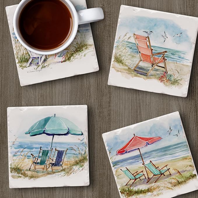 Thirstystone Coastal Moments 4 Pack Assorted Tumbled Tile Stone Coasters with Protective Cork Backing Manufactured in The USA Absorbent Easily Wipes Clean