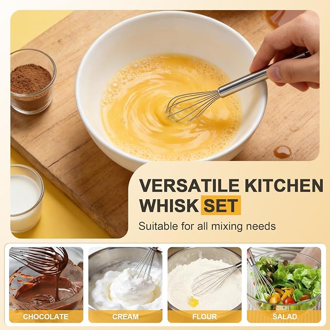 3 Pack Small Stainless Steel Whisk Set, Balloon Wire Whisks for Cooking, 7" 9" 11" Kitchen Whisks for Eggs, Sauces, Batter, Mixing and Baking