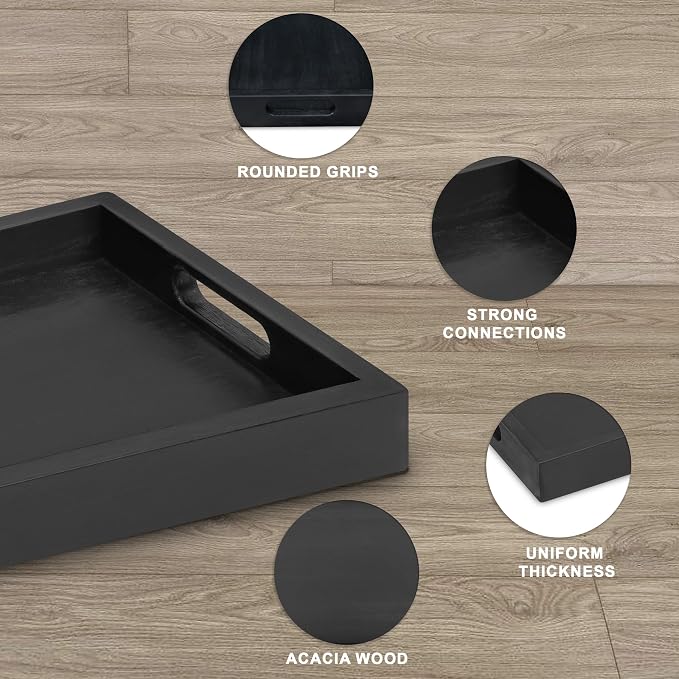 Black Acacia Wooden Rectangular Serving Tray with Handles, Set of 2 (15"x11" & 13"x10"), Large Tray for Ottoman, Breakfast in Bed, Dinner, Coffee Table Decor & Kitchen