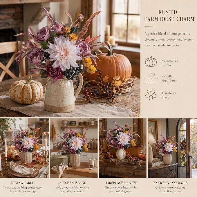KIRIFLY Artificial Fake Flowers Silk Rose Flower Arrangements Wedding Bouquets Decorations Plastic Floral Table Centerpieces Home Kitchen Garden Party Décor (Purple White)