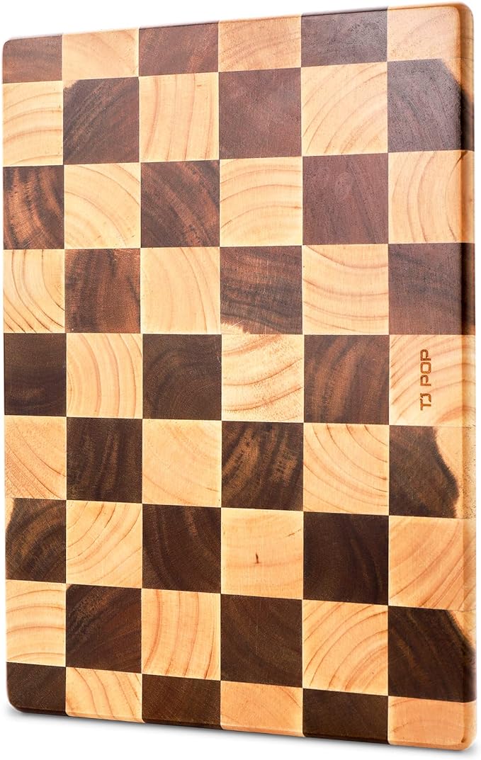 TJ POP End Grain Cutting Board - Heavy Duty Acacia/Rubber Wood For Kitchen, Flippable Serving Board For Meat, Bread & Fruits, Rectangle, 14.5 x 10 x 0.8 Inch