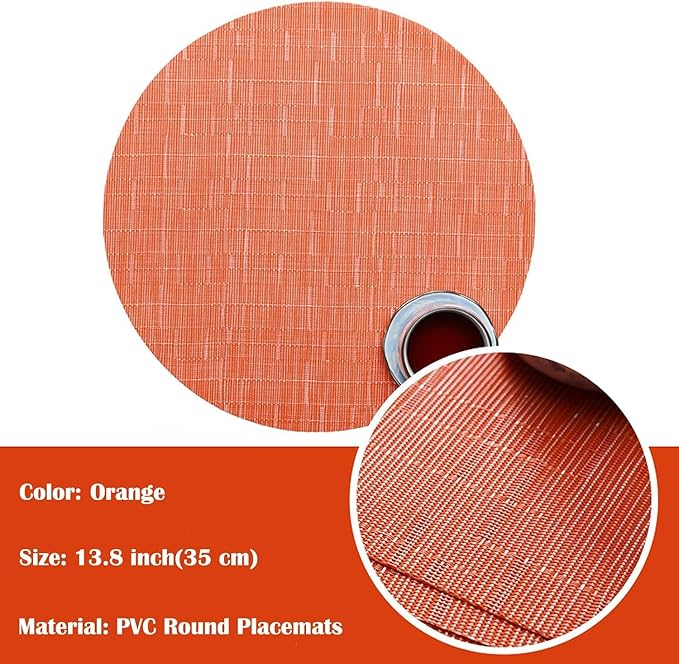 Round Placemats Set of 6 Woven Table Mats Washable Non-Slip Place Mats 13.8 Inch for Christmas Decoration Home Wedding Party,Orange
