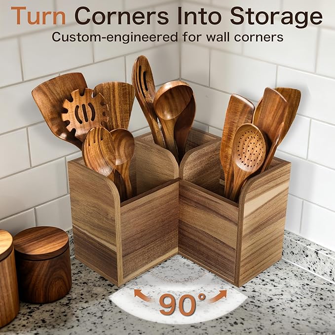 Acacia Wood Kitchen Utensil Holders for Countertop, Wooden Corner Utensils Holder with 3 Compartment, Farmhouse Utensil Caddy for Storage Cooking and Silverware, Opened Up Counter Space