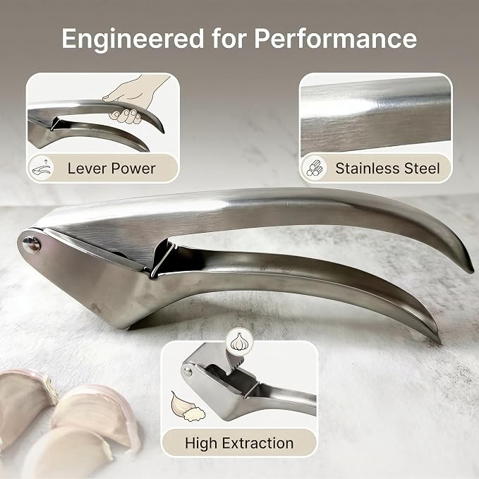 Stainless Steel Garlic Press, Easy to Squeeze, Ergonomic Handle, No Need to Peel Garlic Press,Garlic Mincer, Garlic Ginger Crushing Tool, Silver