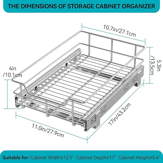 Pull Out Cabinet Organizer 11" W X 17" D, Slide Out Drawers For Kitchen Organizers and Storage, Pull Out Drawers For Cabinets Capacity Heavy Duty Caddy, Cabinet Shelves Chrome-Plated, Bathroom Pantry
