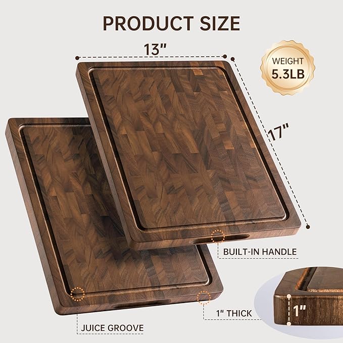 Walnut Wood Cutting Board, End Grain Cutting Boards for Kitchen, Woden Chopping Board with Inner Handle & Juice Groove, Reversible Butcher Block Meal Prep & Serving with Gift Box, 17"×13"×1"