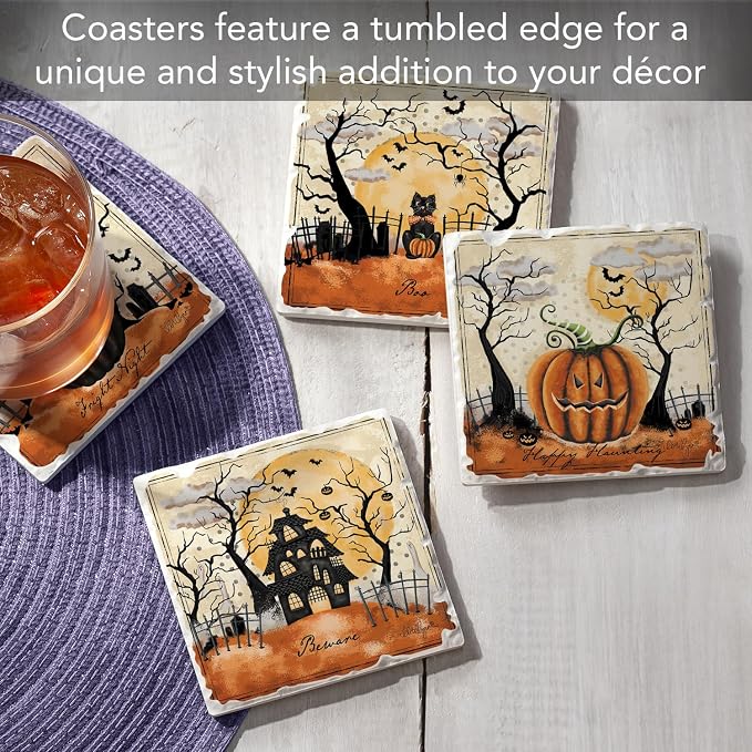 Thirstystone Haunted Valley 4 Pack Assorted Tumbled Tile Stone Coasters with Protective Cork Backing 4" Square Manufactured in the USA