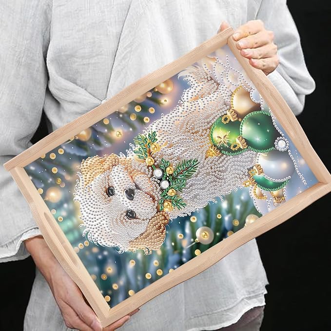 DIY Diamond Serving Tray Rectangular Breakfast Tray with Handle Handmade Diamond Art Painting Wooden Tray for Dinner Plate Coffee Room Living Home Organizer-Puppy