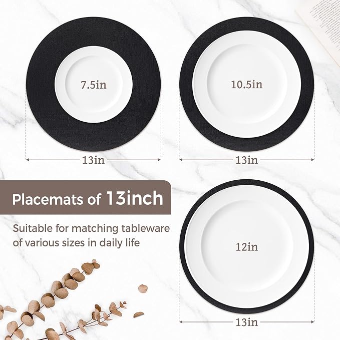 13" Round Placemats Set of 8, Reversible Faux Leather Heat Resistant Table Mats, 100% Waterproof Oilproof Wipeable Table Protective Placemats for Vinyl, Washable for Indoor (8, Black)