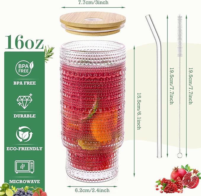 CWHHRN 16 Oz Glass Cups with Lids and Straws, Vintage Embossed Glassware for Whiskey Cocktail Beer, Iced Coffee Cup with Lid, Glass Tumbler (4 PACK)