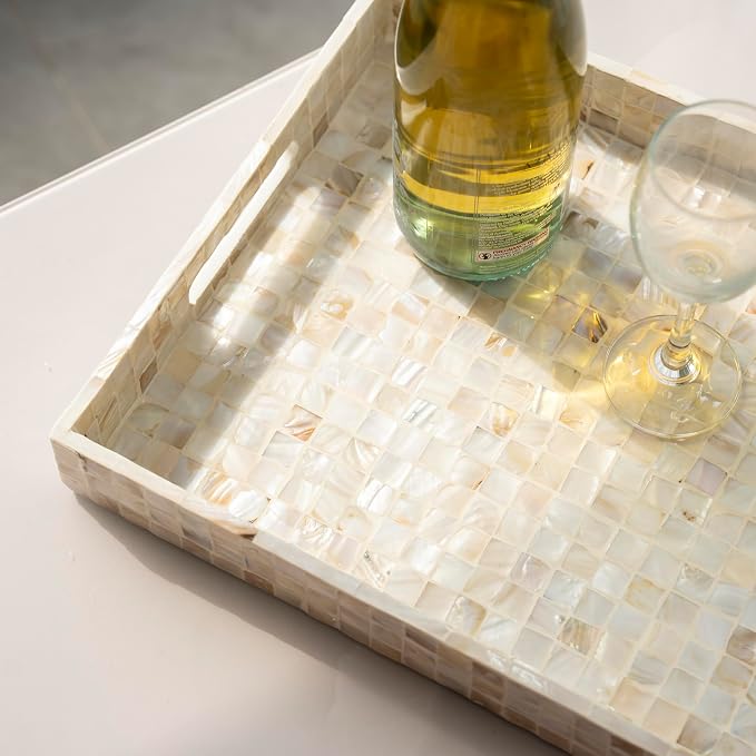 PEMAR Rectangular Mother of Pearl Serving Tray Nacre Wood Lap Ottoman Tray for Coffee Table, Luxury Decorative Handmade Eating Platters w Insert Handles (White Cream)