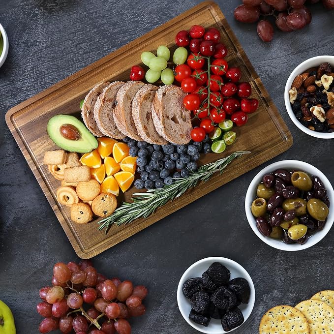 Wood Cutting Boards Set of 3 for Kitchen, Thick Chopping Board, Large Wooden Cutting Board Set with Deep Juice Groove and Handles, Wooden trays for meat, fruit and cheese