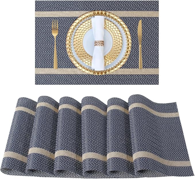 FAVE Placemats Set of 6 Blue Placemats Woven with Golden Threads Durable and Wipeable Vinyl Placemat Heat Resistant Table Mats Set of 6 High Texture Place Mats for Kitchen Table（Blue placemat）