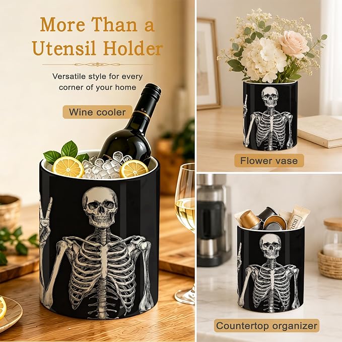 Utensil Holder for Countertop,Funny Skull Ceramic Utensil Crock Organizer for Home Kitchen Spoons,Spatulas and Cooking Tools