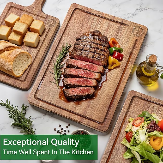 Acacia Wood Cutting Board Set of 3 – Non-Toxic & Pre-Oiled Cutting Boards for Kitchen, Chopping Boards with Holder, Juice Groove, Reversible Serving Board, Labeled Icons for Meat Cheese Vegetables