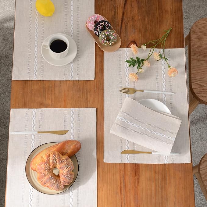 Wracra Cotton Linen Placemats, 12 x 18 Inch Set of 4 Fete Placemats Rustic Hemstitch Place Mats for Kitchen Table and Heat Resistant-Ivory