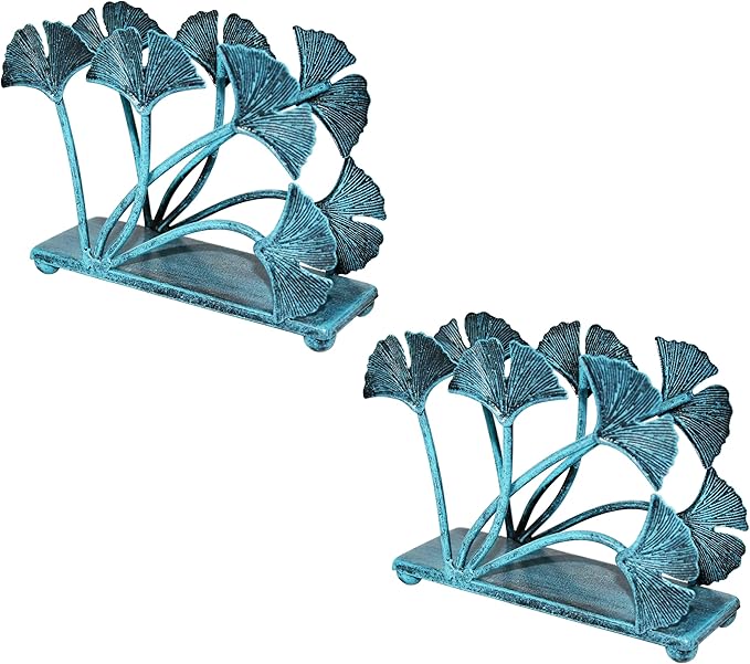 OwlGift Set of 2 Modern Ginkgo Leaves Design Napkin Holder, Metal Paper Napkin Storage for Kitchen, Stylish Paper Towel Dispenser, Mail Letter Sorter Rack, Document File Organizer – Turquoise