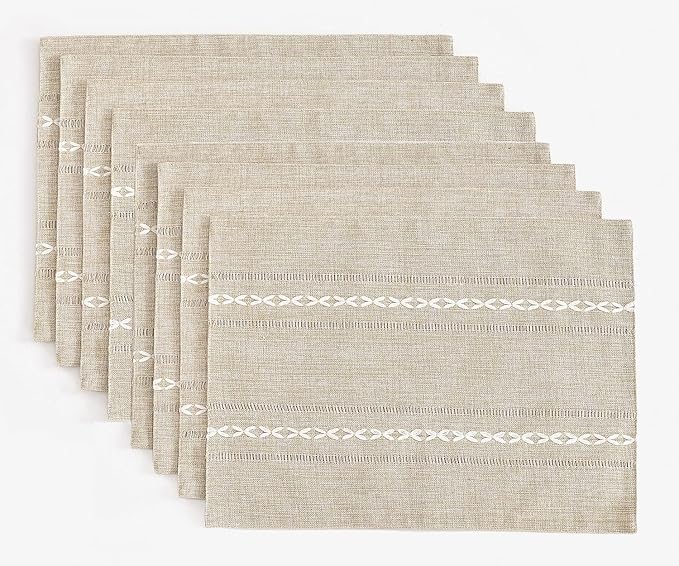Wracra Cotton Linen Placemats, 12 x 18 Inch Set of 8 Placemats Rustic Hemstitch Place Mats for Kitchen Table and Heat Resistant-Hemstitch Coffee