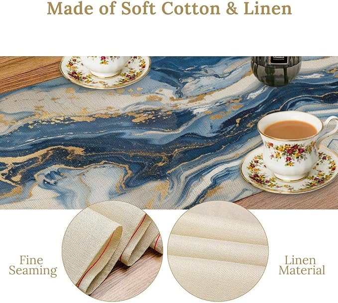 Marble Table Runner, Modern Luxury Foil Texture Blue White Gold Marble Printed Linen Table Runners for Kitchen Living Room Farmhouse Dining Room Party Home Decor 13" W x 120" L