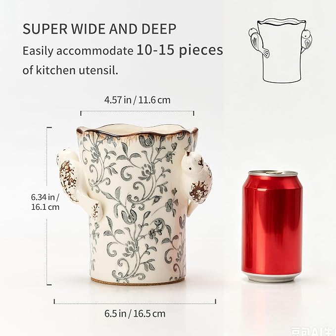 6.34'H Utensil Holder for Kitchen Counter, Modern Farmhouse Cooking Utensil Holder and Crock Home Kitchen Decor, Ceramic Utensil Organizer for Spatula, Ladle, Rolling Pin- Gray Flower Patterns