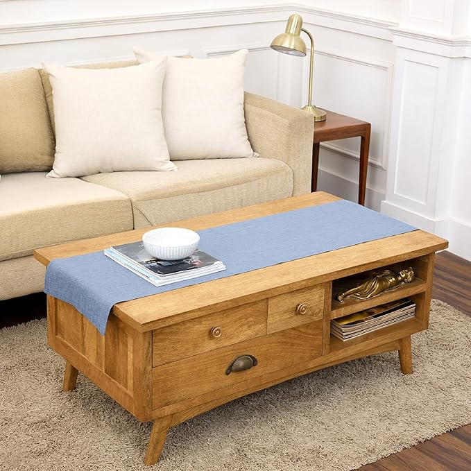 Solino Home Linen Table Runner 48 Inches - 100% Pure Linen Chambray Blue Table Runner 14 x 48 Inch Ideal for Dresser and Coffee Tables - Athena - Spring, Summer