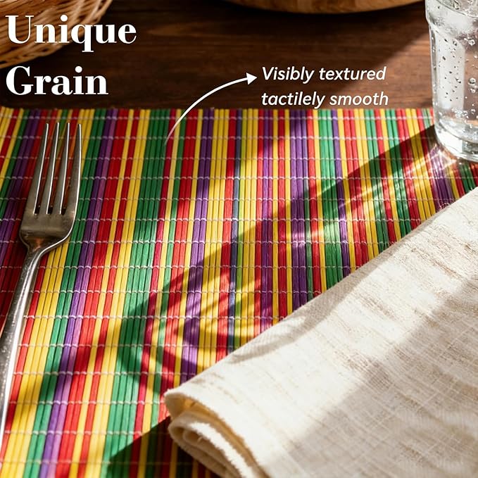 4-Pack Bamboo Placemats,Woven Heat-Resistant Rectangular Table Mats, Natural Rectangular Dining Place Mats, Rustic Japanese Style Plate Mats for Indoor Dining, Kitchen and Party Use(Colorful