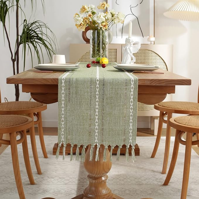 Wracra Rustic Hemstitch Table Runner, Linen Farmhouse Table Runners 108 Inches Long with Tassels for Dining Kitchen Coffee Table Decor, Party and Dresser Decor (Sage Green, 13"×108")