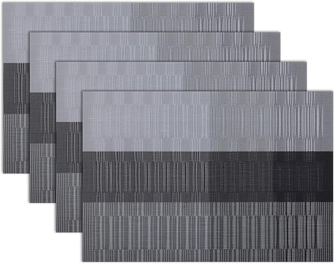 Winknowl Placemats Set of 4, Heat Resistant Non-Slip Vinyl Woven Table Mats for Dining Table, Washable Durable Elegant Place Mats for Kitchen Indoor/Outdoor Use (Black)