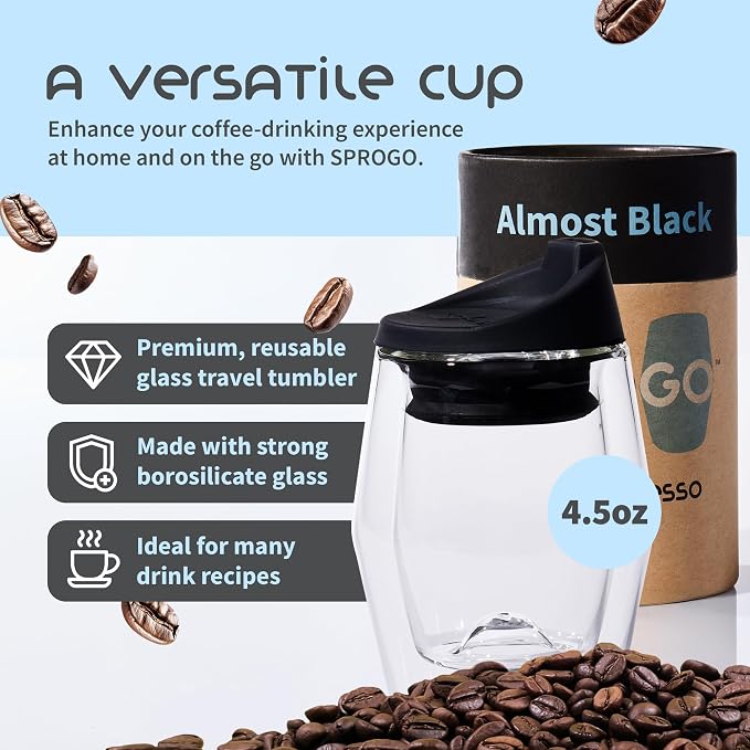 To-Go Espresso Glass Travel Mug with Lid, Reusable Double Wall Glass Tumbler, Fits Most Coffee Makers & Cupholders for Your Car, Gifts for Coffee Lovers, 4.5 oz Cortado Cup, Almost Black