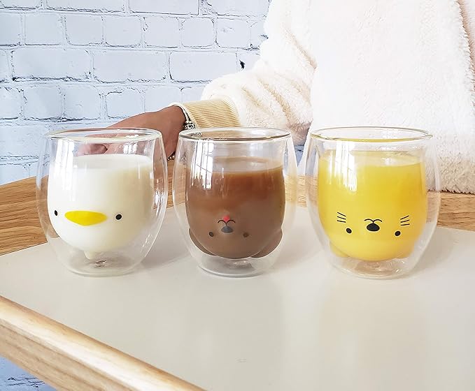 Lily Anne Boutique Cute Glass Drinking Cups - Cat,Duck,Dog,or Bear Double Wall Glass Cup - Use as a Glass Coffee Cup,Tea Cup,Cocktail Cup,or Milk Cup - Large 12.6oz Cups (Cat)