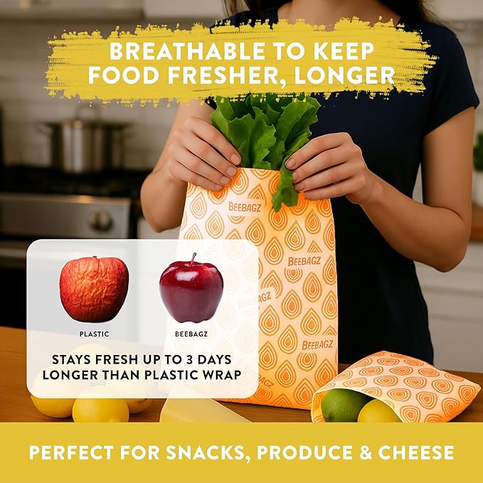 BeeBAGZ - Beeswax Wrap Storage Bag - 1 Pack - Plastic and Silicone Free - Reusable Beeswax Food Wrap Bag (1 Large, 11” x 14” (Orange)