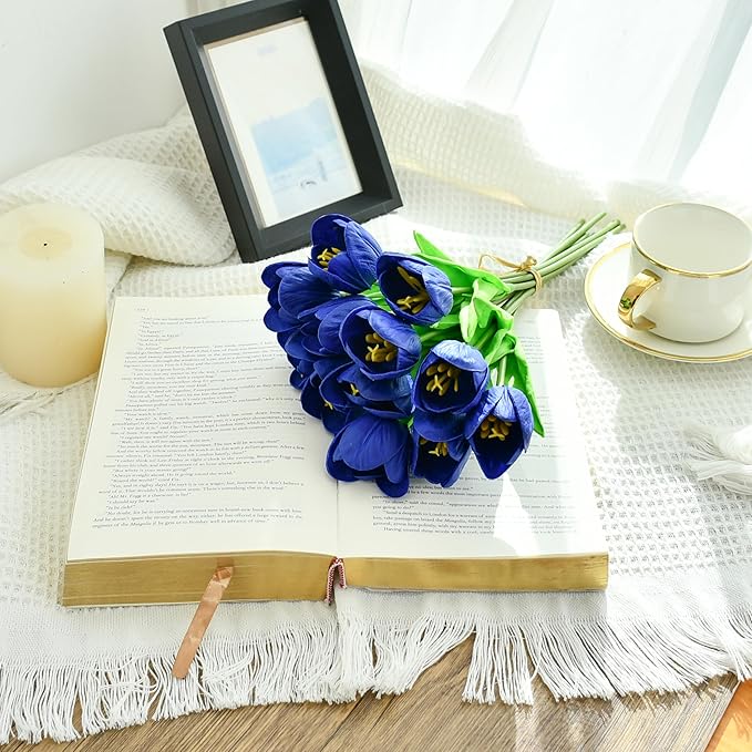 Mandy's Royal Blue Partially Open Artificial Tulips Flowers Centerpiece, 13.5" Lifelike PU Fake Floral Stems 12pcs for Kitchen Island & Dining Table, Spring Decor for Easter