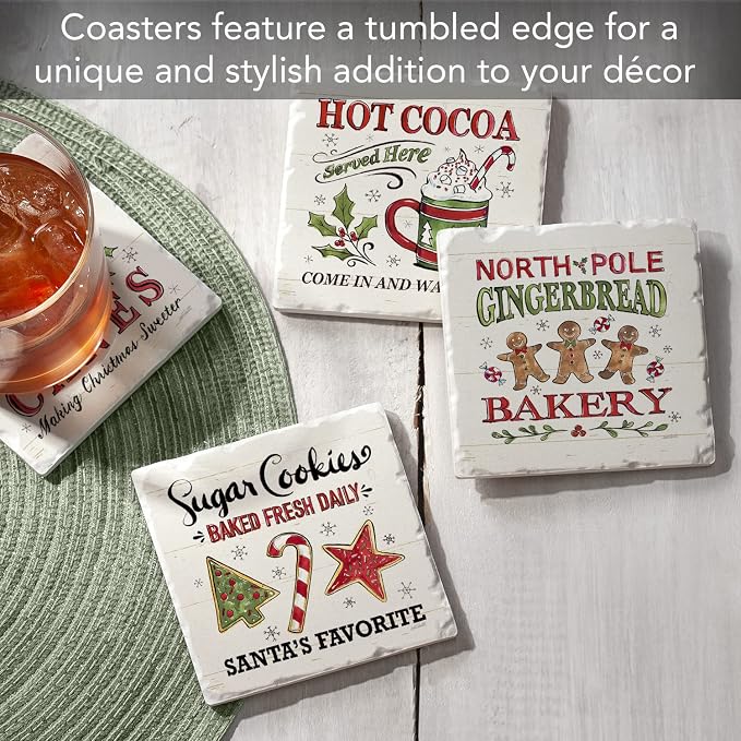 Thirstystone Holiday Treats 4 Pack Assorted Tumbled Tile Stone Coasters with Protective Cork Backing 4" Square Manufactured in the USA
