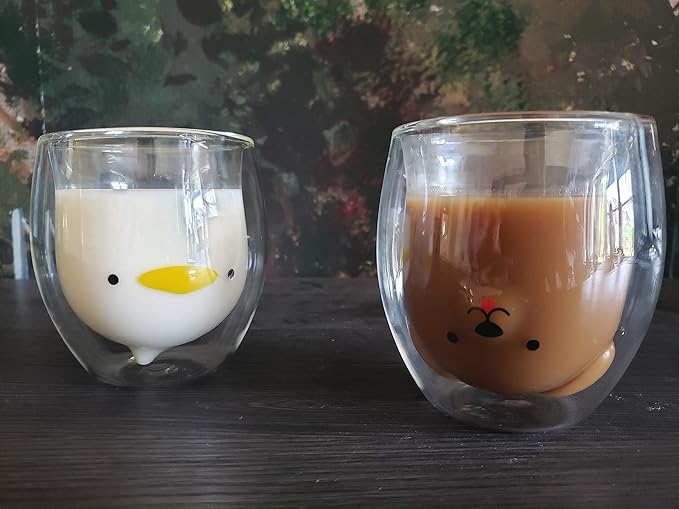 Lily Anne Boutique Cute Glass Drinking Cups - Cat,Duck,Dog,or Bear Double Wall Glass Cup - Use as a Glass Coffee Cup,Tea Cup,Cocktail Cup,or Milk Cup - Large 12.6oz Cups (Cat)