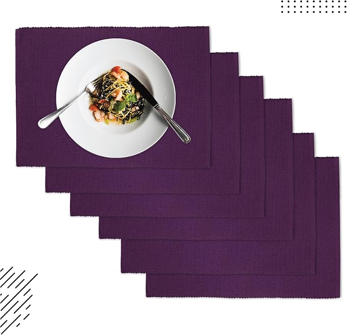 Encasa XO Dining Placemat Set of 6 | Purple Color | Fine Ribbed Cotton Table mat | Size 19x13 in | Machine Washable