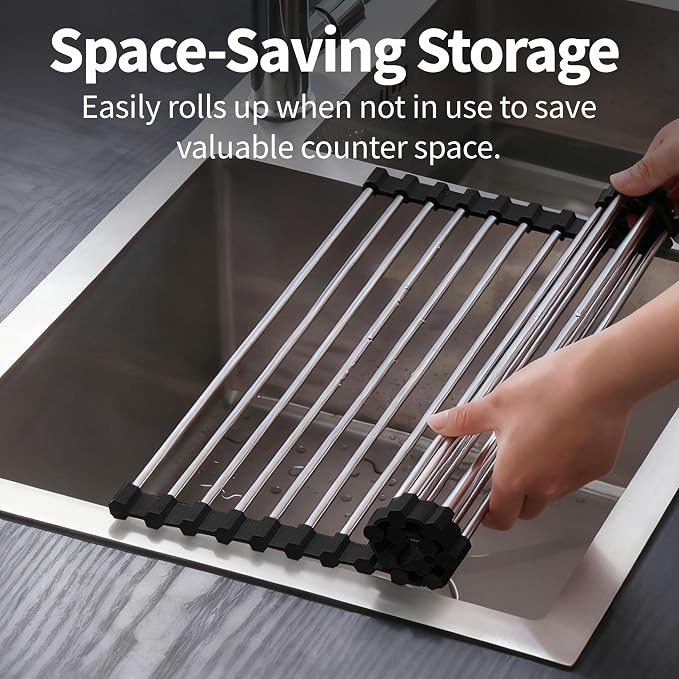 Roll Up Dish Drying Rack for Over Sink - 17.5"x15.7" Foldable Stainless Steel Kitchen Drainer, Black